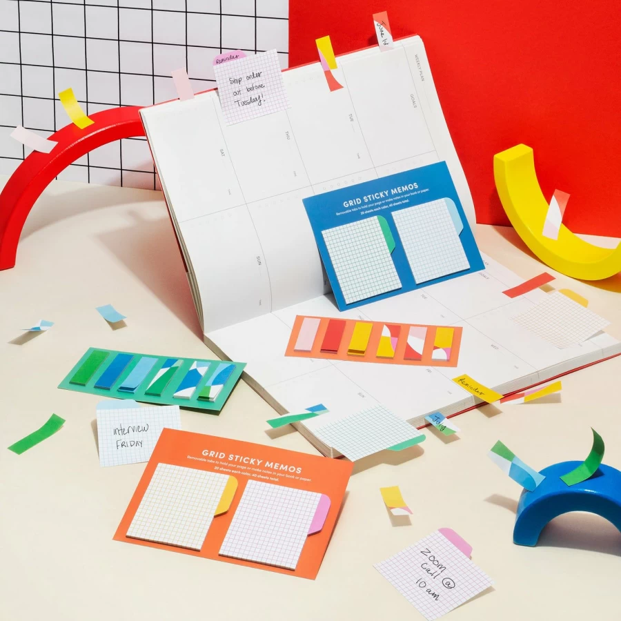 Poketo Grid Sticky Notes - Colorful Reusable Memo Pads for Office & Home Organization